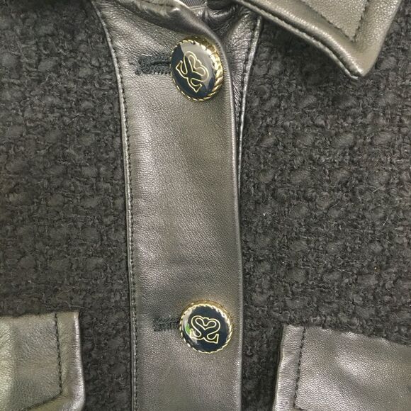 Sandro Black Cropped Leather Trim Button Front Tweed  Boucle Jacket Size 10 - Picture 9 of 17